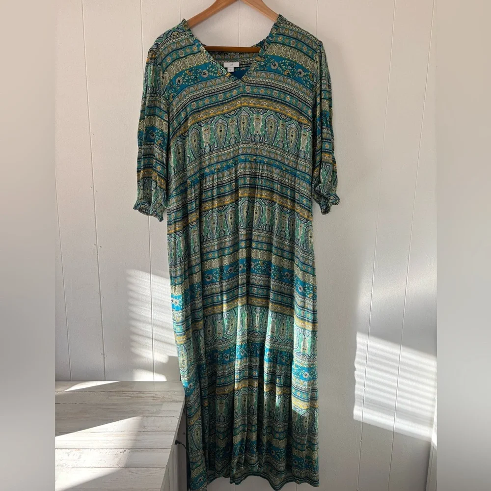NEW J. Jill Floral Paisley Peasant Maxi Dress Puff Sleeve Blue Boho Size Medium - Picture 3 of 16